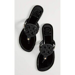 Tory Burch Miller Sandals Black Patent Leather Logo Thong Flip Flops Women Sze 9